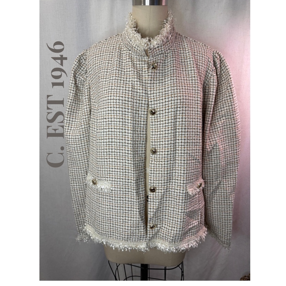 C. Est 1946 Tweed Jacket Blazer Frayed Trim Button Front Women’s 14/16